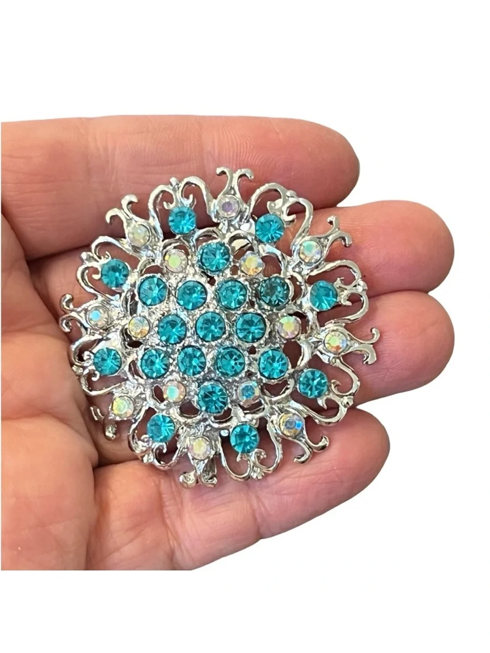 Turquoise Crystal Floral Brooch - Elegant Silver-Tone Accent FINAL PRICE DROP